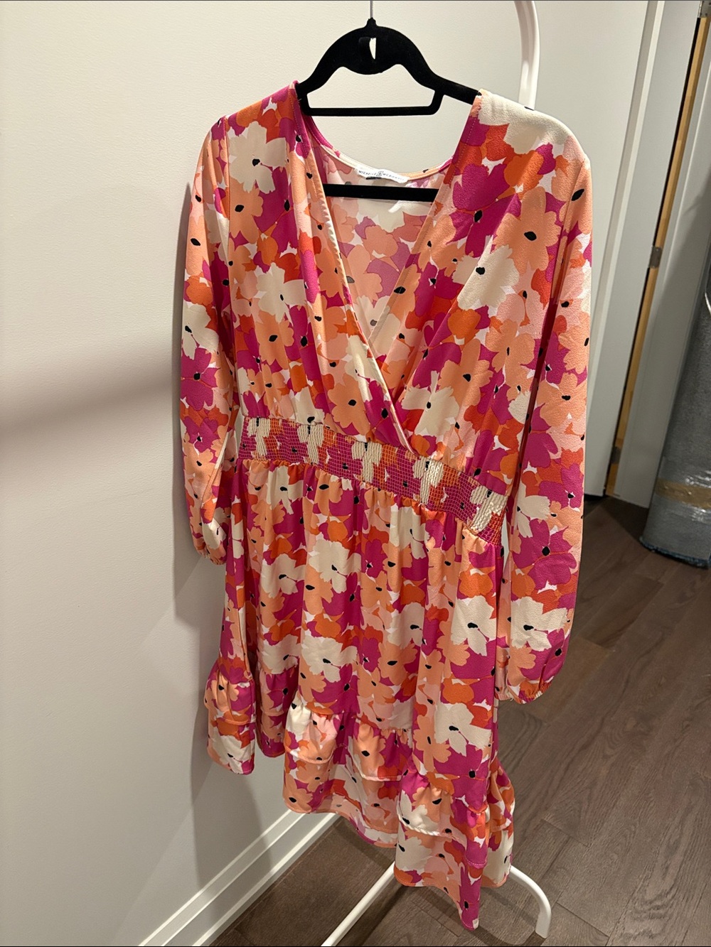 Long Sleeve Floral Wrap Dress in Pink & Orange